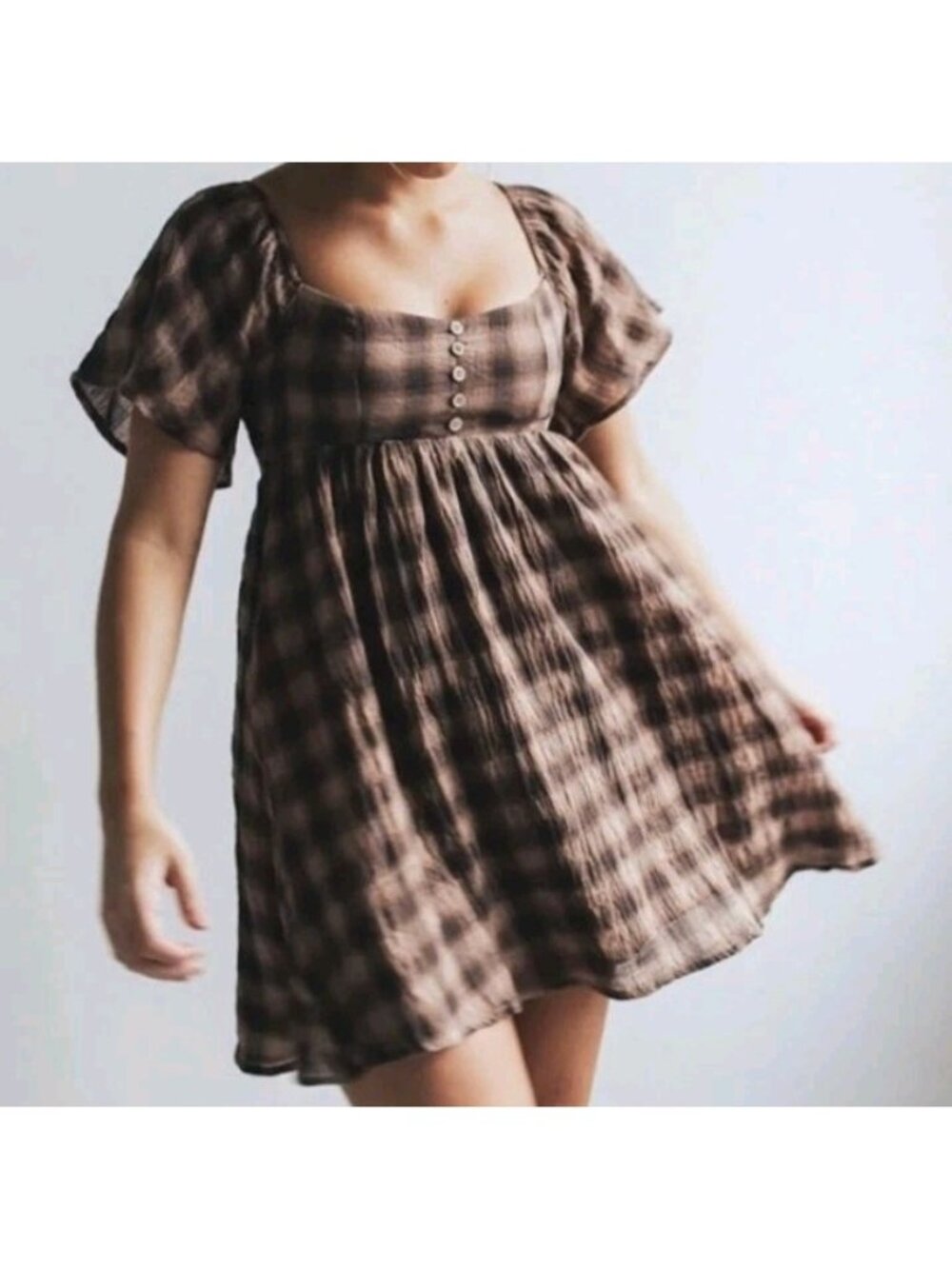 By Together Plaid Baby Doll Dress Boho Prairie Coquette Lightweight Size S Brown